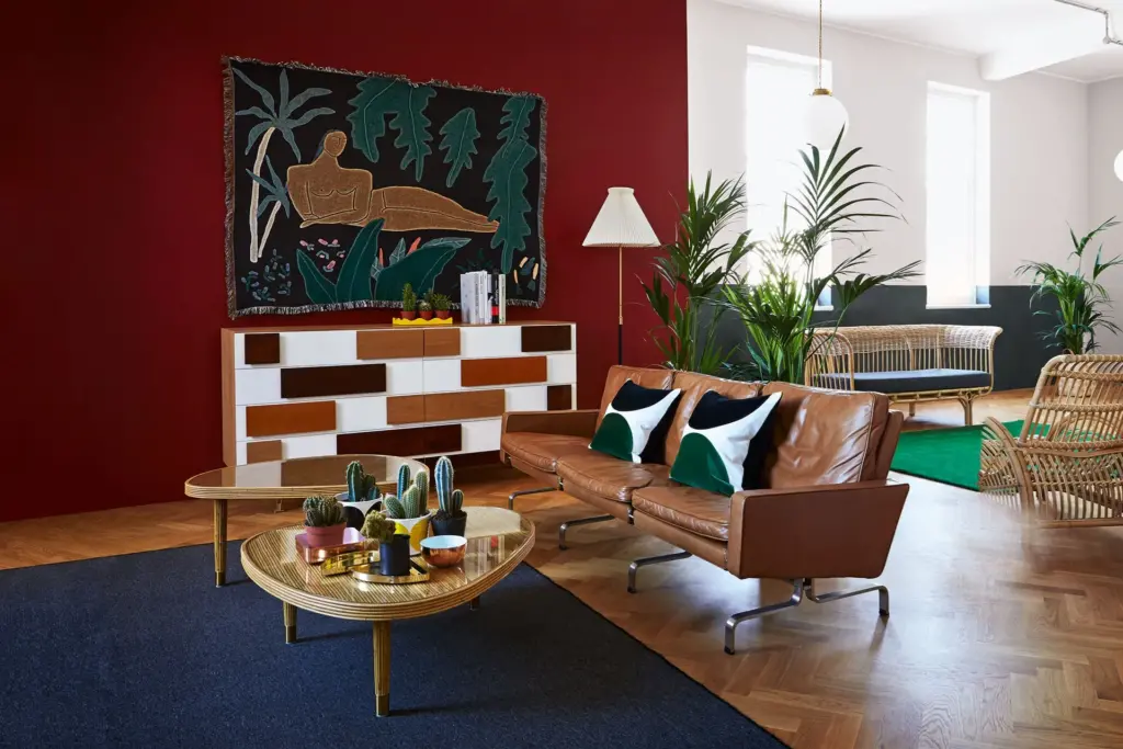 Living room painted in red.