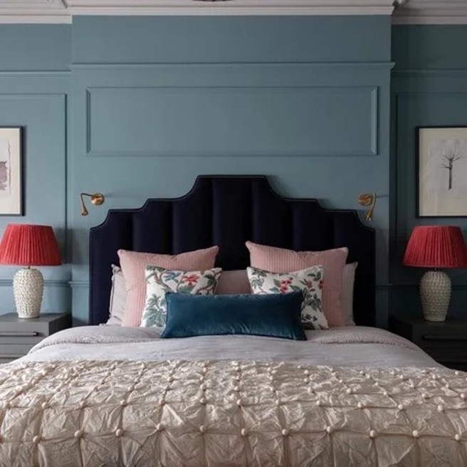 Bedroom painted in teal blue.