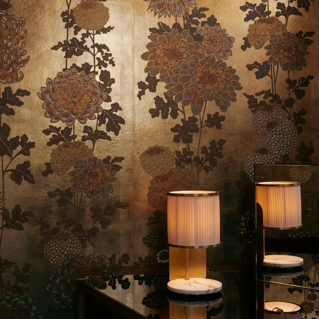 Kiku Garden wallcovering features chrysanthemums in rich, opulent tones.