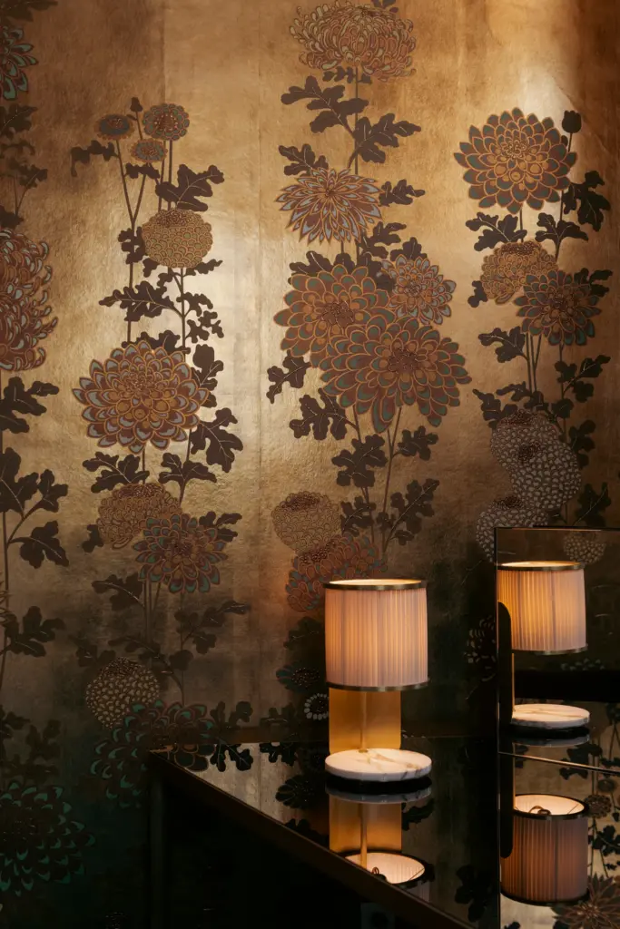 Kiku Garden wallcovering features chrysanthemums in rich, opulent tones.