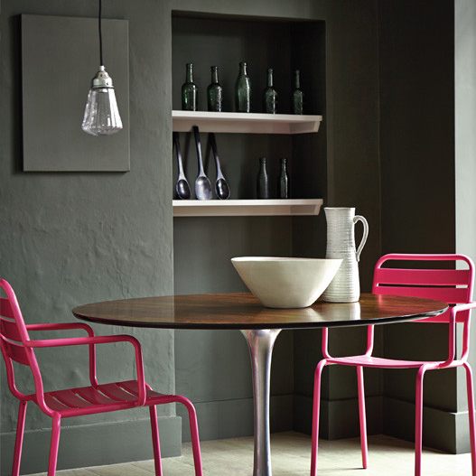 Dining area using moody grey and neutral shades established in the Georgian era.