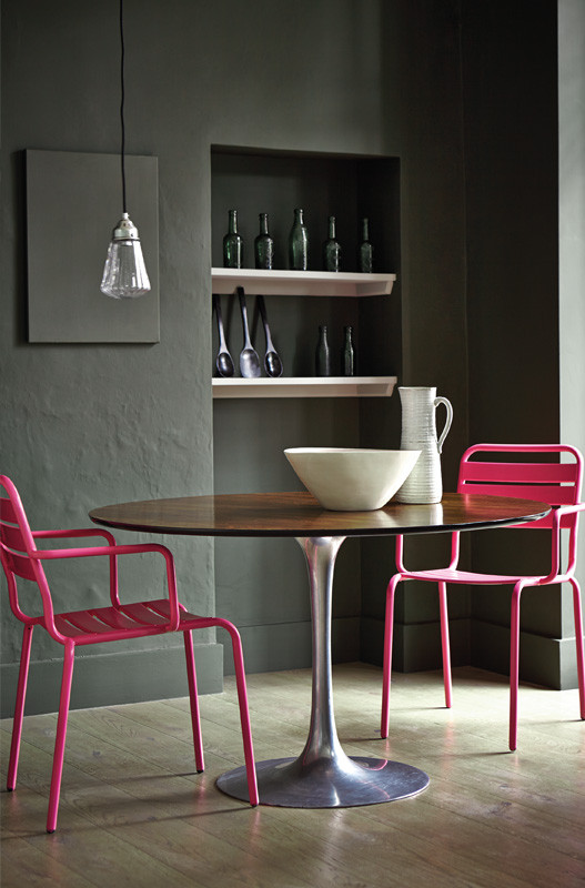 Dining area using moody grey and neutral shades established in the Georgian era.