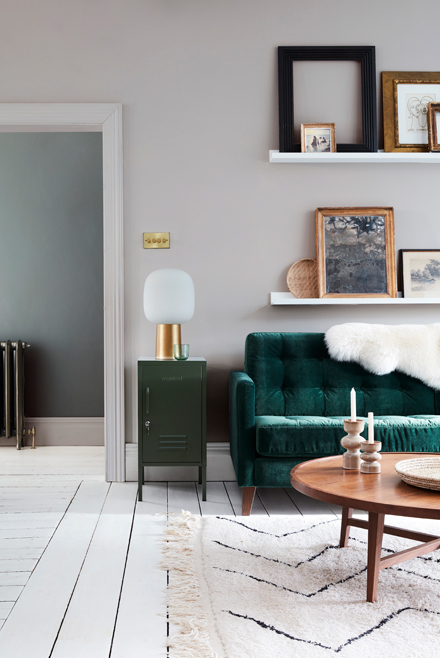 Lounge area decorated with Victorian french grey paint.