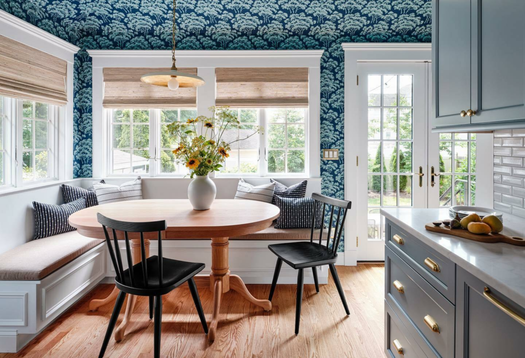 Hornbeam wallpaper by Farrow and Ball in navy and light blue installed in a kitchen. 