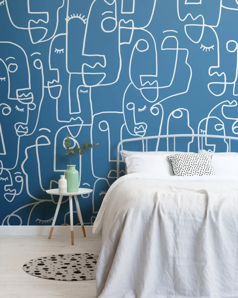 Blue Face Line Drawing Wallpaper Mural by Hovia in bedroom with bed and sidetable.