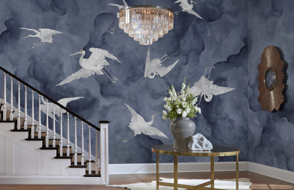 Flight Blue Heron on Marshmallow Manila Hemp Wallpaper installed in hallway.