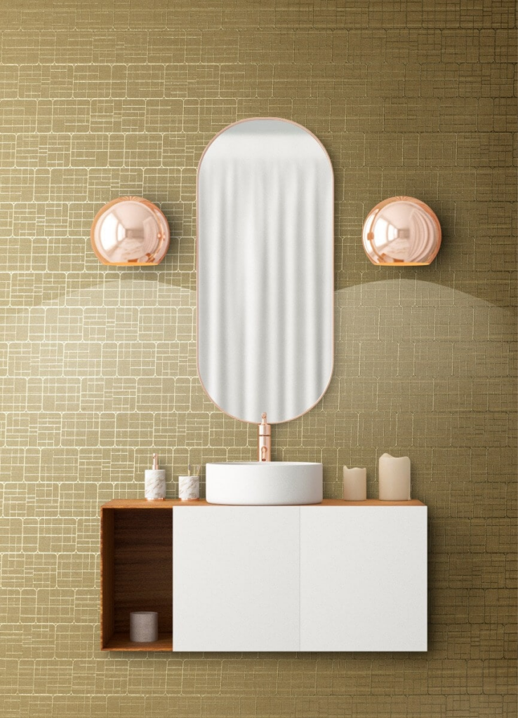 Bathroom Sink unit with mirror and side lights on a wall with Stereo Interiors Wallcovering in Sunset 66-1510.