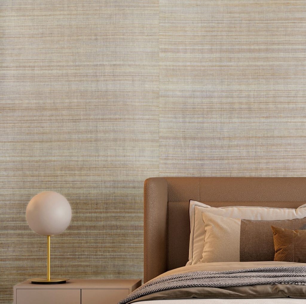 Bedroom with a bed and side table with spherical light and wall with Java 2331 wallcovering.