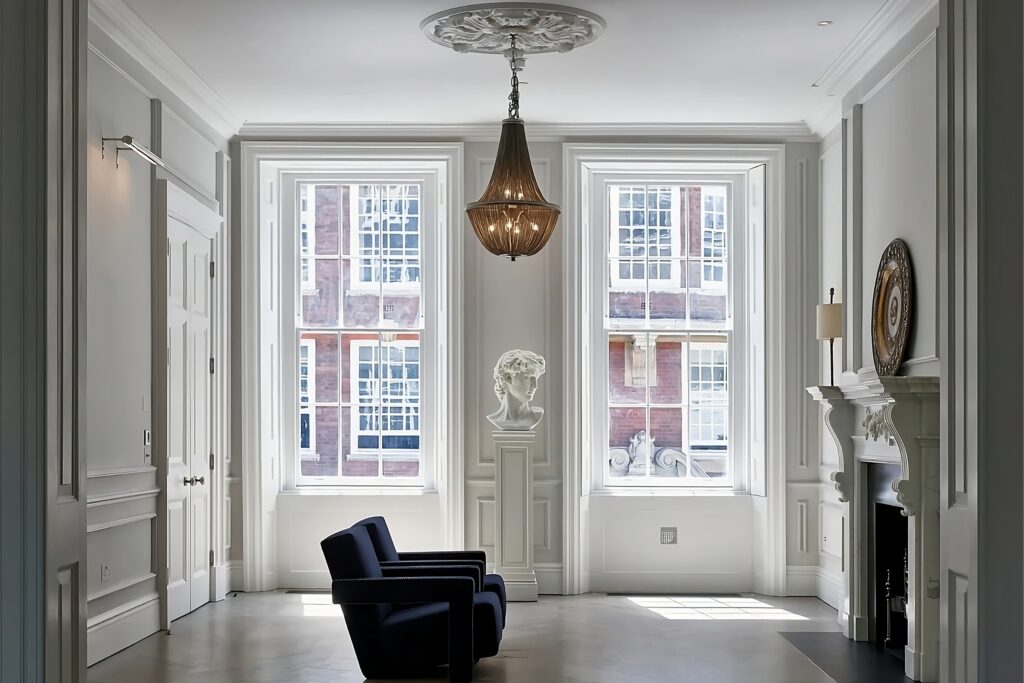 Formal Georgian room featuring tall sash windows, classical bust on a pedestal, and refined architectural detailing in a soft grey palette.